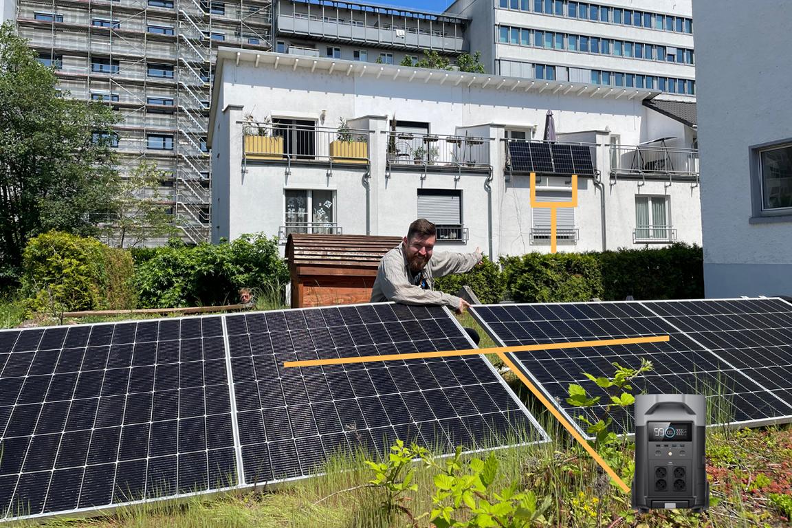 Balkonkraftwerk 2000 Watt Testsieger ist aufgeteilt, 2 Solarmodule speisen direkt ins Hausnetz und 2 Solarmodule speisen einen Balkonkraftwerk Speicher ein.